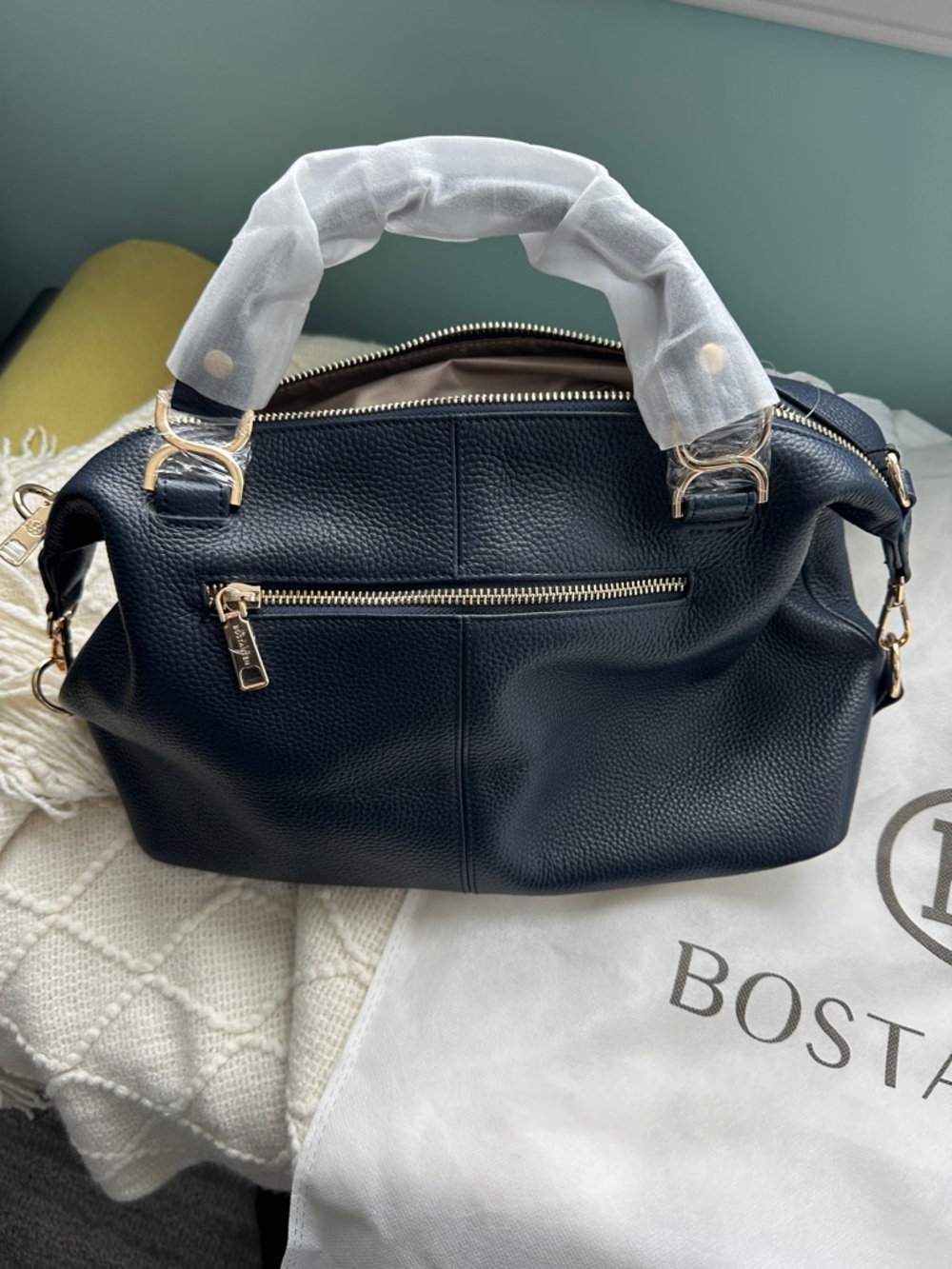 New Bostanten Navy Leather Satchel with Gold Hardware - Picture 3 of 6